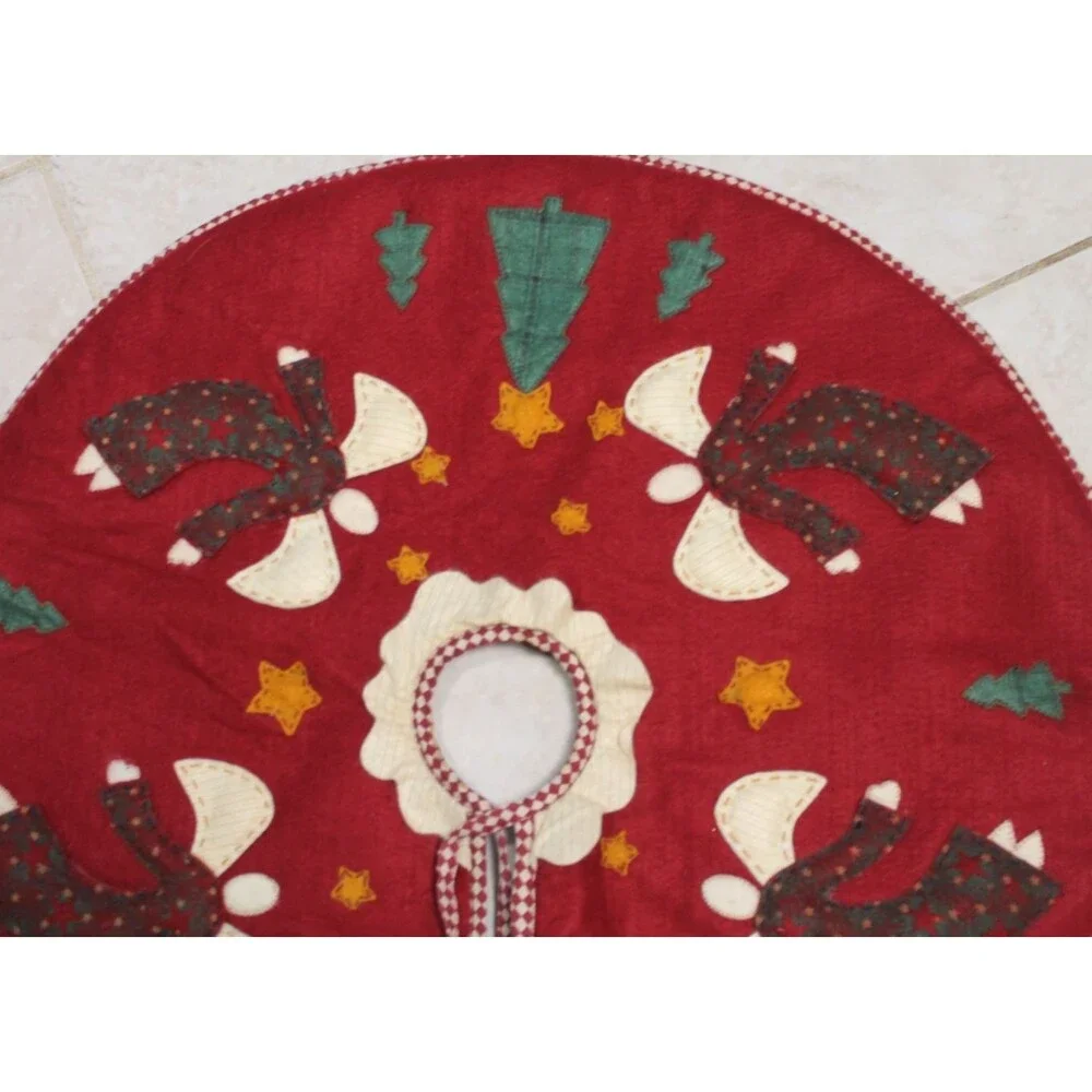 Vintage Handmade CHRISTMAS Tree Skirt Burgandy Angels, Stars, Trees Applique 25